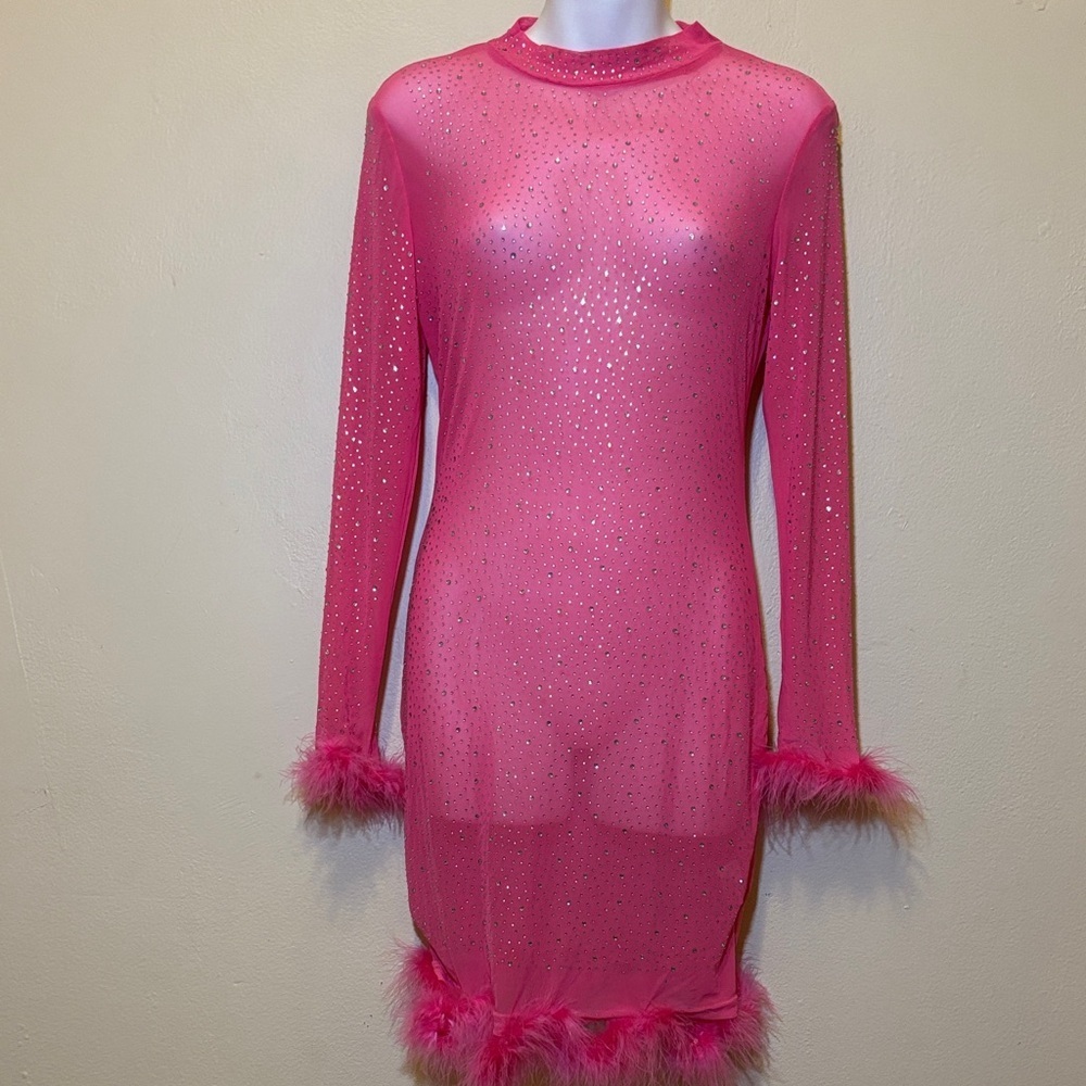 Elegant Pink Sheer Dress with Feather Trim